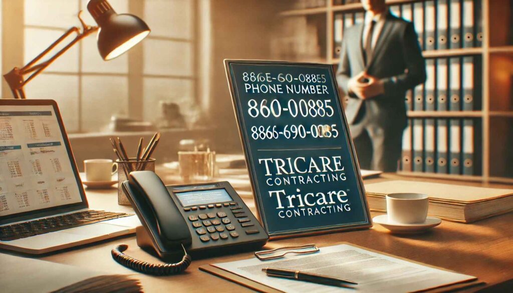 866-690-0885 Phone Number displayed on a phone in a TRICARE Contracting office setting.