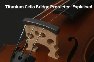 Titanium Cello Bridge Protector | Explained - close-up of titanium protector installed on cello bridge