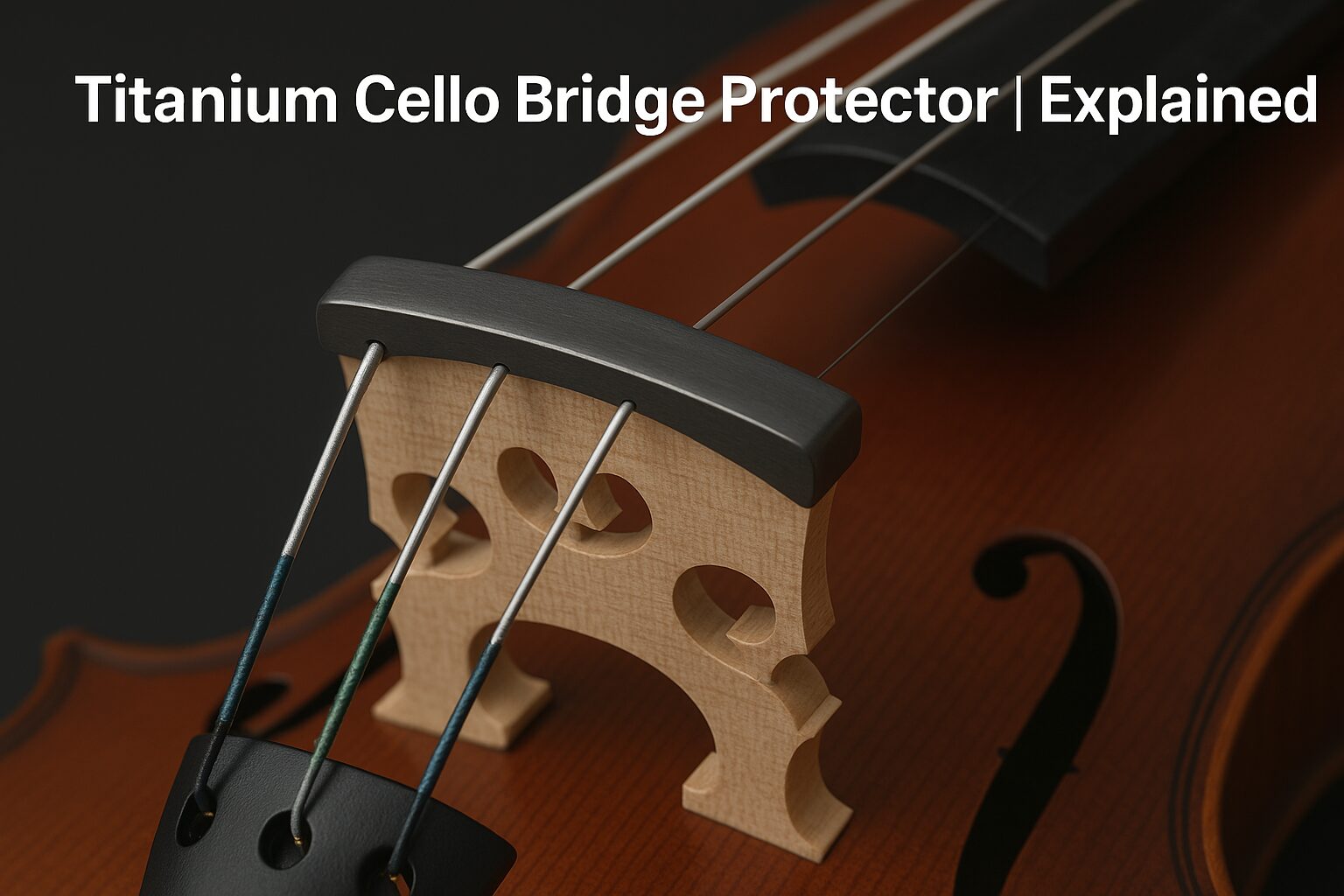 Titanium Cello Bridge Protector | Explained - close-up of titanium protector installed on cello bridge