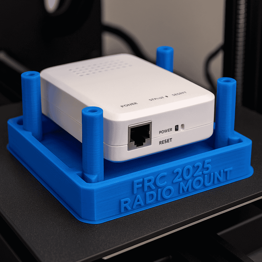FRC 2025 Radio Mount 3D Print featuring a blue 3D-printed holder securing a white radio device. FRC 2025 Radio Mount 3D Print featuring a blue 3D-printed holder securing a white radio device.