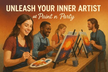 Unleash Your Inner Artist at Paint n Party? – a canvas painting of tropical sunset with palm trees and artist’s hand in action