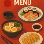 konnichiwa menu – an array of sushi, ramen, and gyoza artfully arranged on traditional Japanese tableware