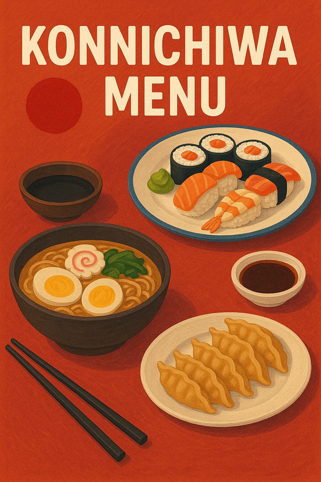 konnichiwa menu – an array of sushi, ramen, and gyoza artfully arranged on traditional Japanese tableware