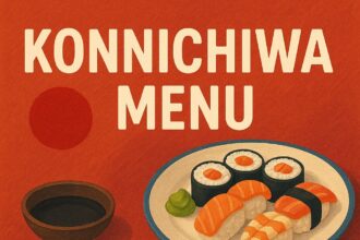konnichiwa menu – an array of sushi, ramen, and gyoza artfully arranged on traditional Japanese tableware
