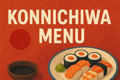 konnichiwa menu – an array of sushi, ramen, and gyoza artfully arranged on traditional Japanese tableware