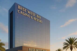 Scenic view of the Best West Bay Casino and Resort (2025) with lights reflecting on the water at dusk.