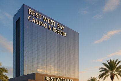 Scenic view of the Best West Bay Casino and Resort (2025) with lights reflecting on the water at dusk.