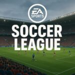 EA Soccer League match in a packed stadium with players competing under an overcast sky, showcasing EA Sports branding.