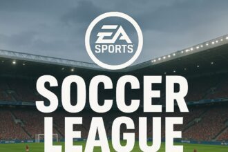 EA Soccer League match in a packed stadium with players competing under an overcast sky, showcasing EA Sports branding.