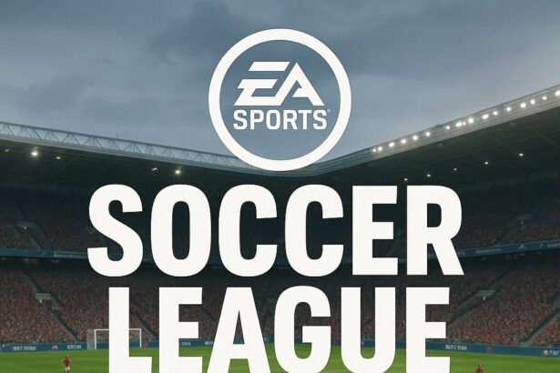 EA Soccer League match in a packed stadium with players competing under an overcast sky, showcasing EA Sports branding.