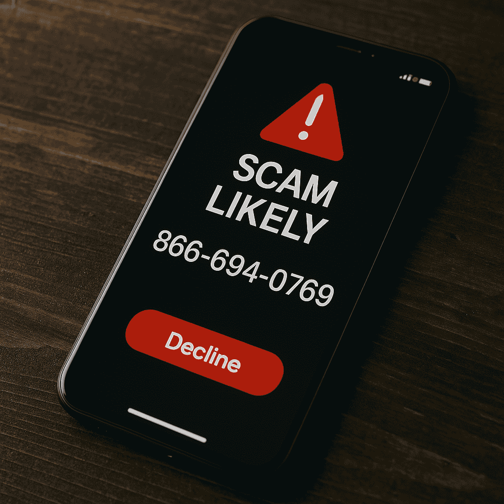 Smartphone screen displaying scam call warning from 866-694-0769