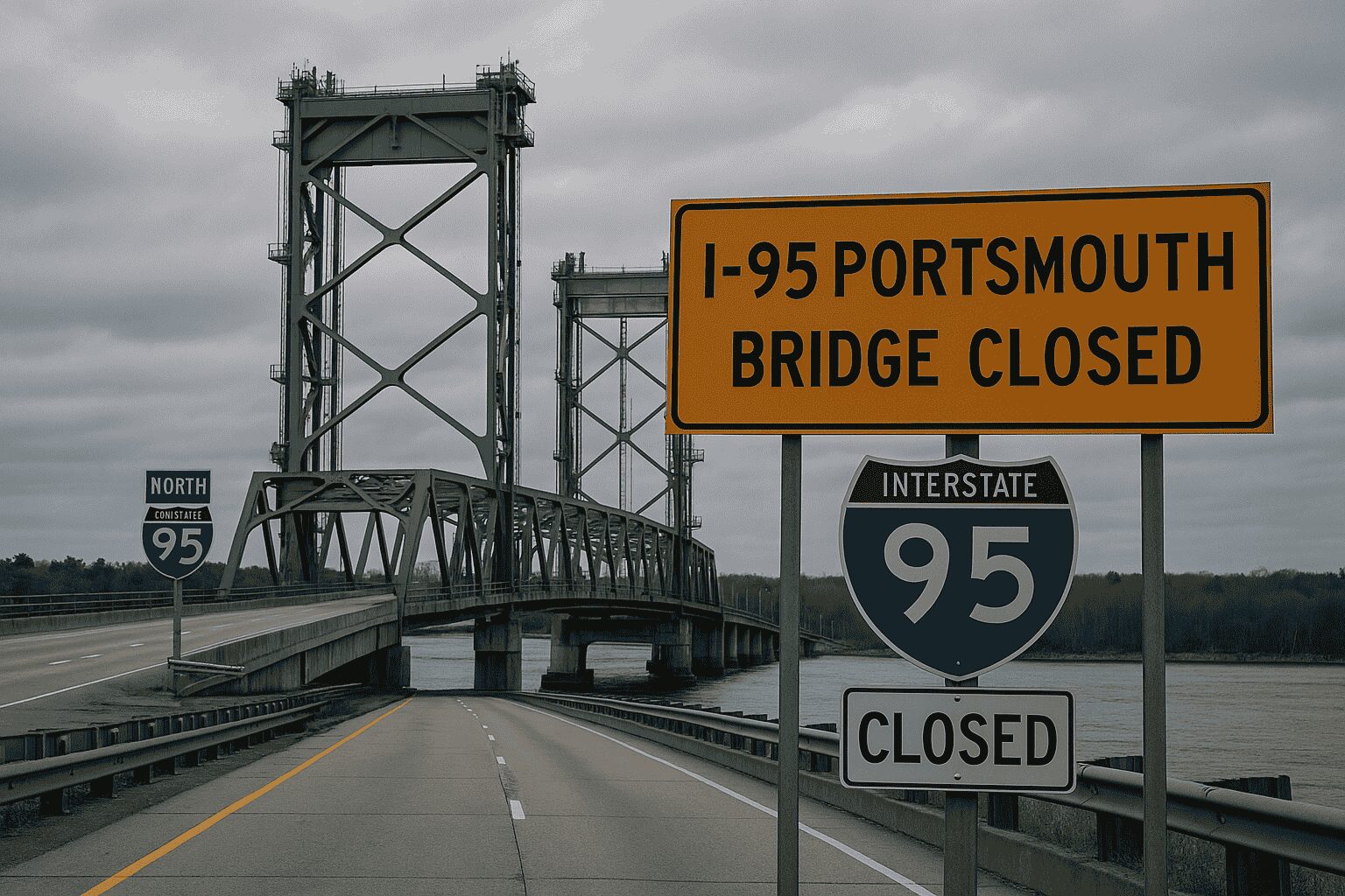 View of the i-95 portsmouth bridge closed | 2025, showing empty highway lanes, a steel vertical lift bridge, and a closure sign over a river.
