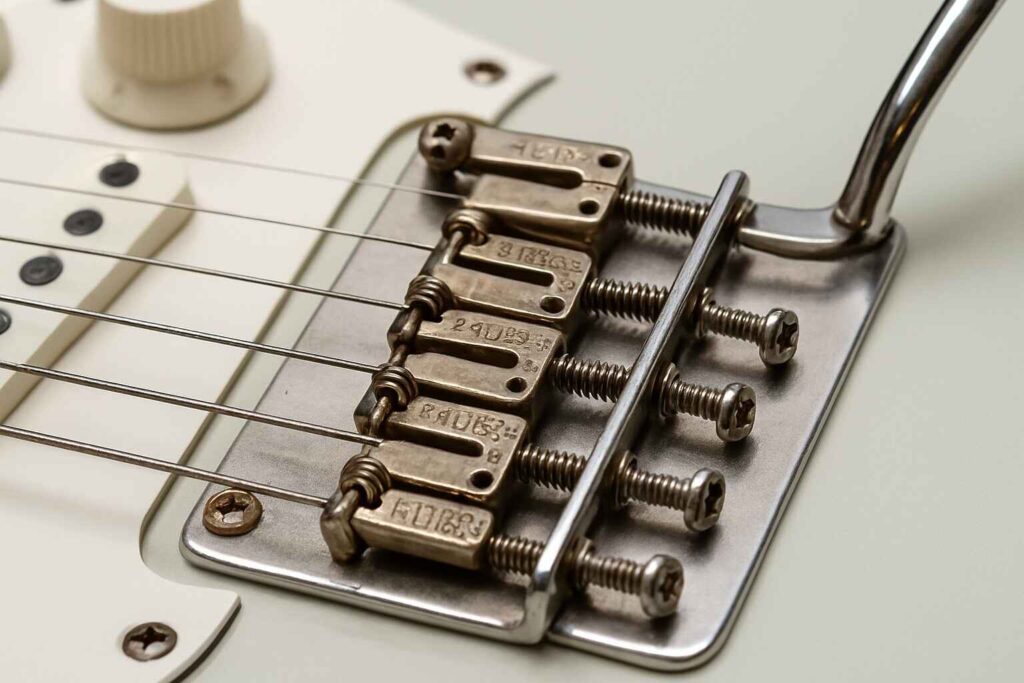 Close-up of Strat offset bridge saddles with string tension and screws visible