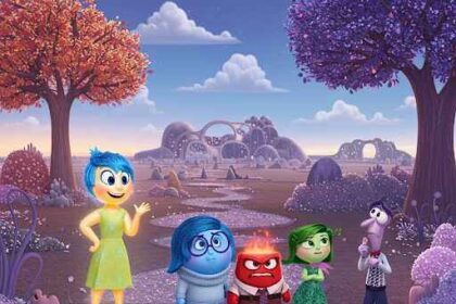 Inside Out 2 characters with multilingual subtitle guide background