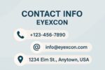 Modern blue contact info eyexcon banner with phone, email, and address icons