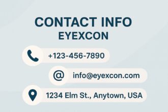 Modern blue contact info eyexcon banner with phone, email, and address icons
