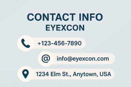 Modern blue contact info eyexcon banner with phone, email, and address icons