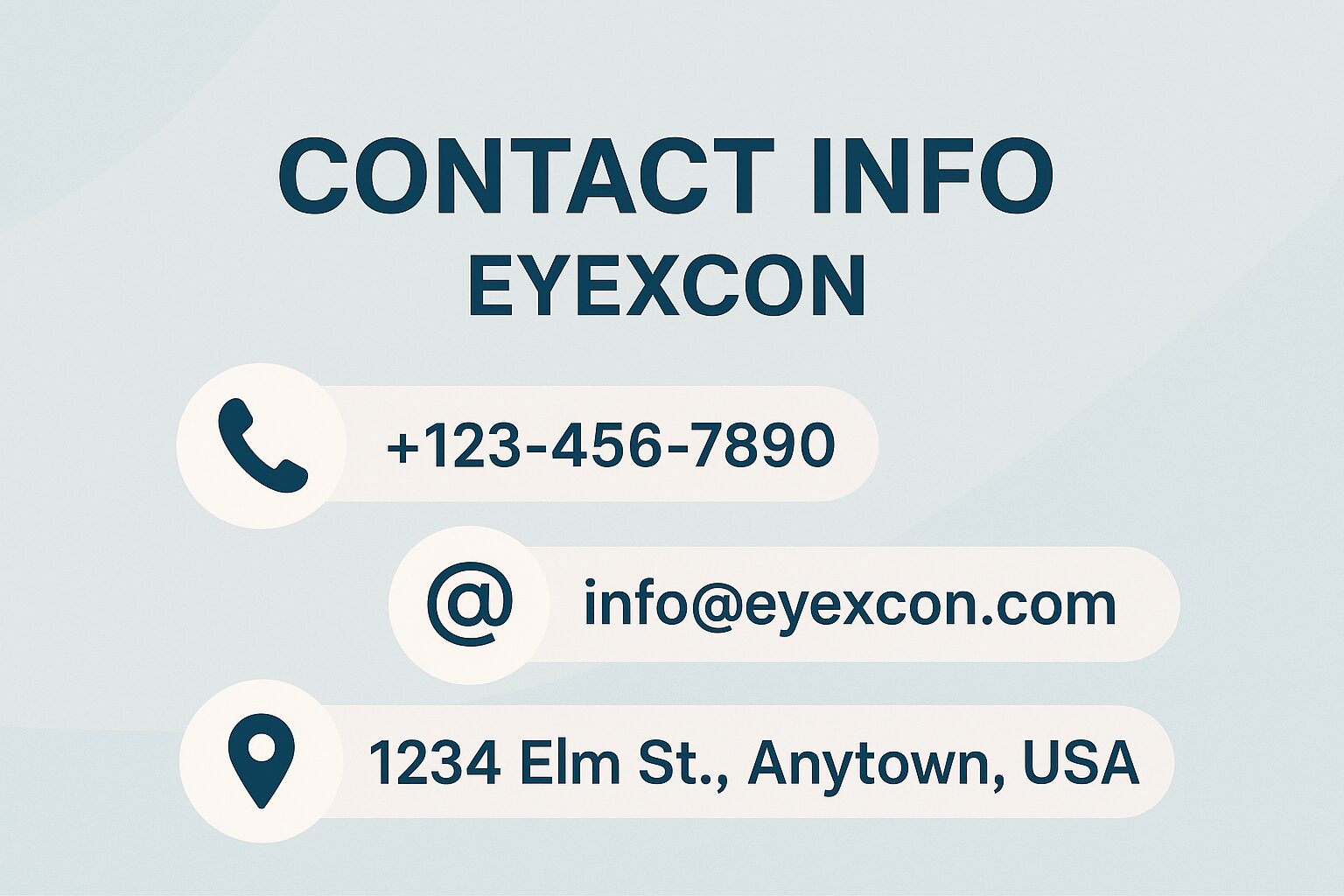 Modern blue contact info eyexcon banner with phone, email, and address icons