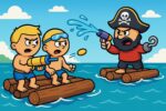 Two cartoon boys battling a pirate on wooden rafts with water guns in the ocean, inspired by raft wars unblocked