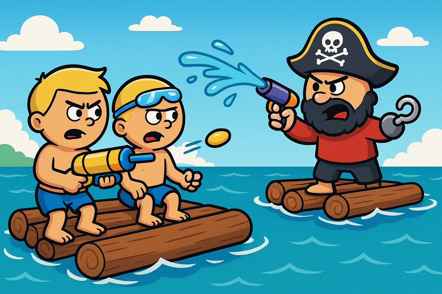Two cartoon boys battling a pirate on wooden rafts with water guns in the ocean, inspired by raft wars unblocked