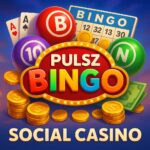 pulszbingo: social casino promotional graphic featuring bingo balls, playing cards, coins, and colorful game elements