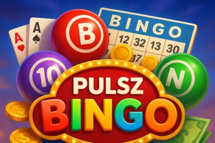 pulszbingo: social casino promotional graphic featuring bingo balls, playing cards, coins, and colorful game elements