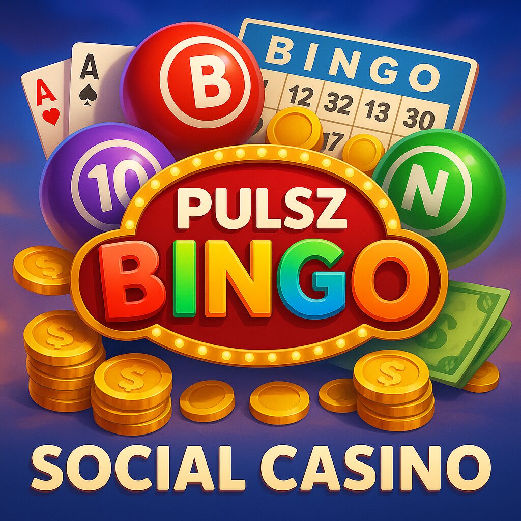 pulszbingo: social casino promotional graphic featuring bingo balls, playing cards, coins, and colorful game elements