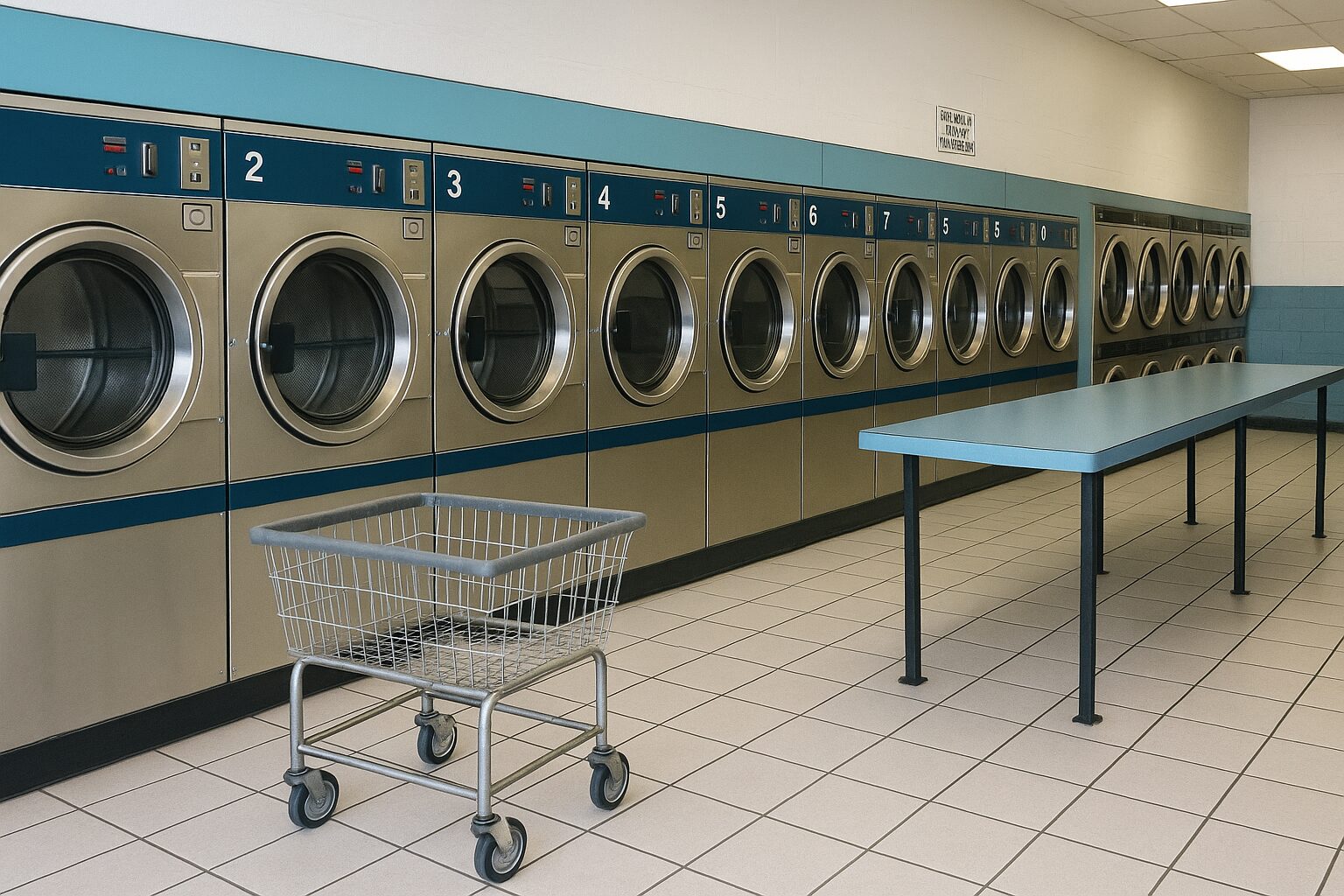 Coin operated laundromat near me with clean modern machines and folding tables