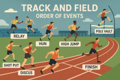 Infographic illustration showing track and field order of events including relay, hurdles, high jump, shot put, pole vault, discus, and finish line.