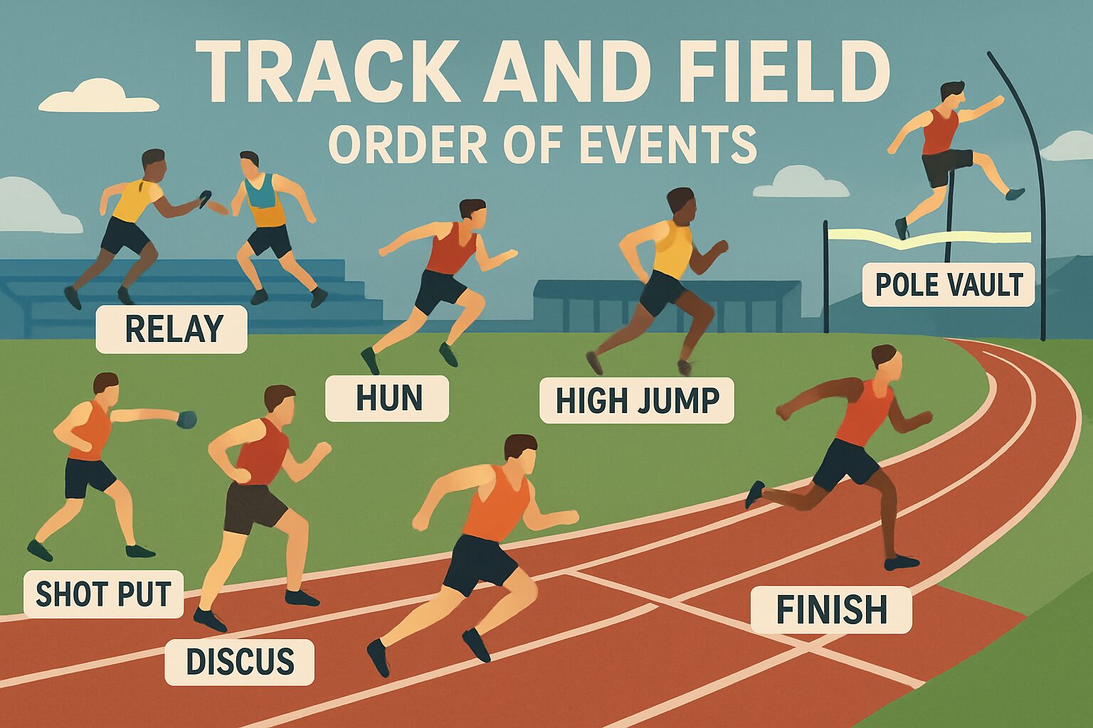 Infographic illustration showing track and field order of events including relay, hurdles, high jump, shot put, pole vault, discus, and finish line.