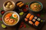 asian cuisine menu featuring traditional dishes like sushi, noodles, and curry