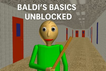 Gameplay screenshot from Baldi's Basics Unblocked featuring the main character in a school hallway