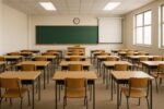 Spacious, modern classroom interior with desks and chairs arranged neatly in rows – Classroom 60x
