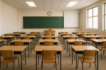 Spacious, modern classroom interior with desks and chairs arranged neatly in rows – Classroom 60x