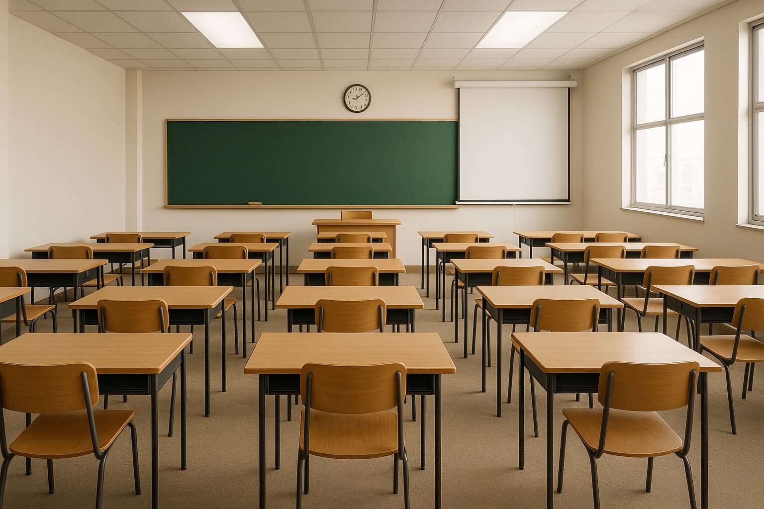 Spacious, modern classroom interior with desks and chairs arranged neatly in rows – Classroom 60x