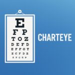 Snellen eye chart illustration with the word charteye displayed prominently on a blue background.