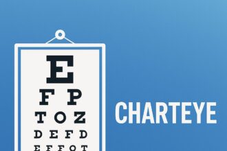 Snellen eye chart illustration with the word charteye displayed prominently on a blue background.