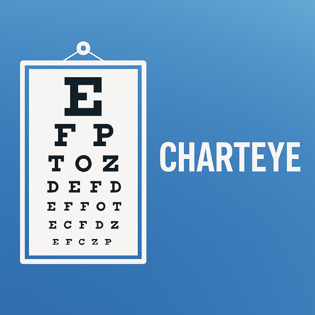 Snellen eye chart illustration with the word charteye displayed prominently on a blue background.