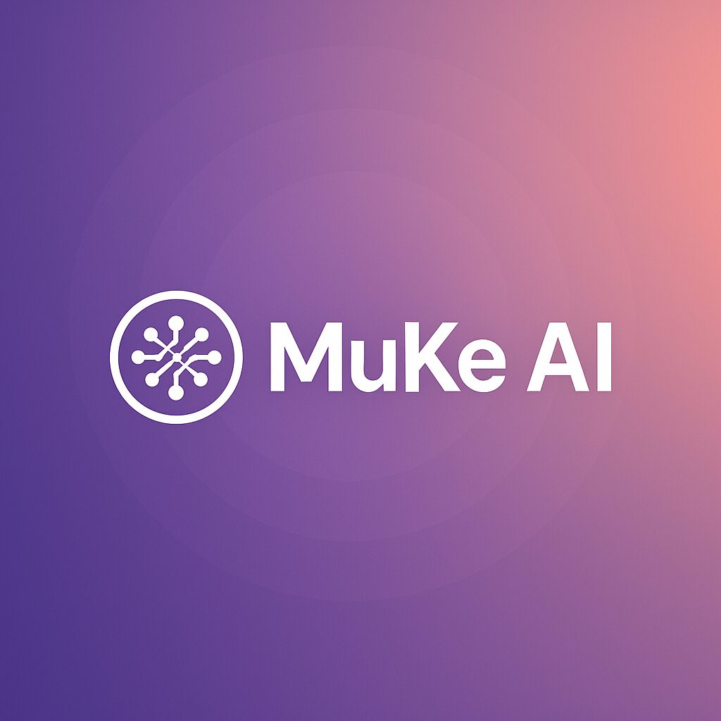MuKe AI logo on gradient background featuring neural network symbol
