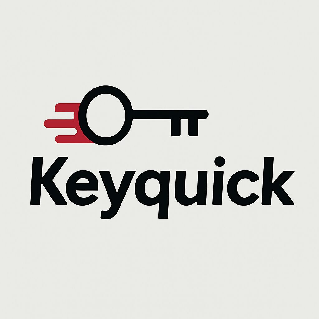 Keyquick logo with sleek 2D vector design, black key emblem, and red motion lines