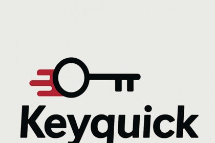 Keyquick logo with sleek 2D vector design, black key emblem, and red motion lines