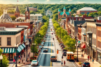 south orange avenue in the morning with pedestrians and local shops