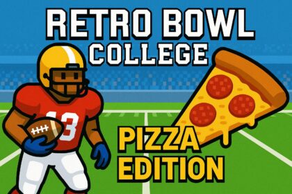 retro bowl college pizza edition football player and pizza slice on a retro field background