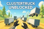 First-person gameplay scene from cluster rush unblocked showing trucks in motion