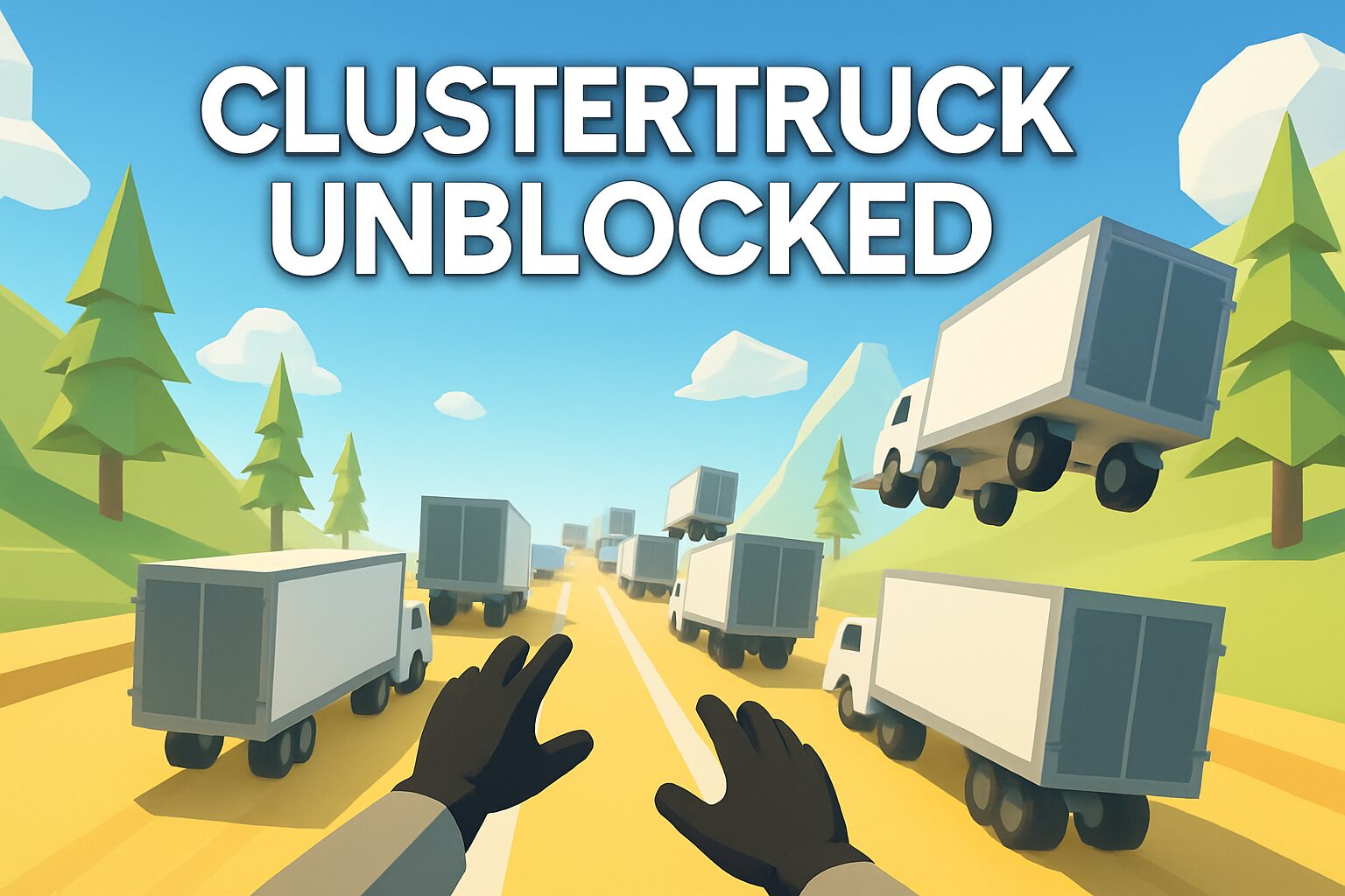 First-person gameplay scene from cluster rush unblocked showing trucks in motion