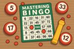 Mastering bingo setup with a green bingo card, red numbered balls, markers, and a yellow dauber on a wooden table.