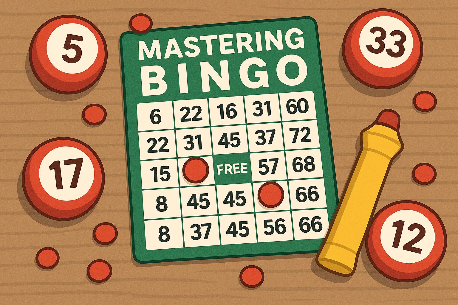 Mastering bingo setup with a green bingo card, red numbered balls, markers, and a yellow dauber on a wooden table.