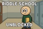 Riddle School Unblocked game scene featuring cartoon student in school hallway.