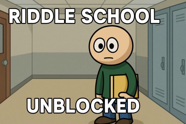 Riddle School Unblocked game scene featuring cartoon student in school hallway.